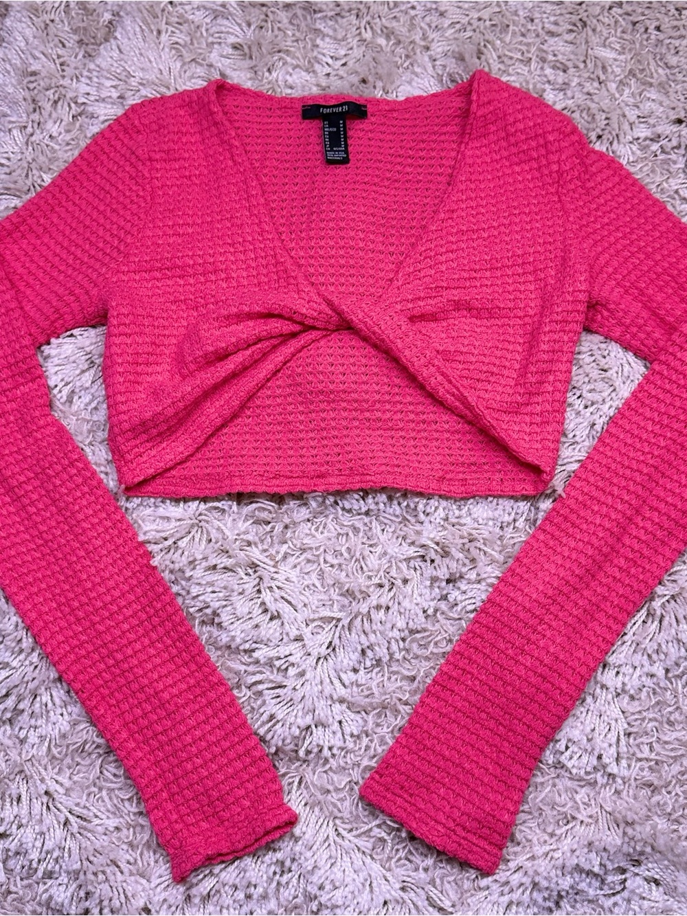 Forever 21 Hot Pink Waffle Knit Twist Front Crop Top Long Sleeve M Y2K